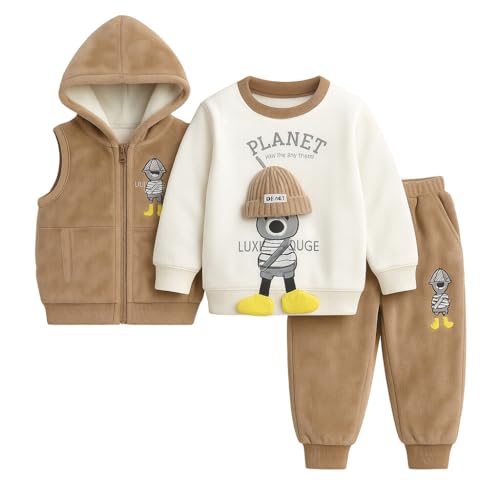 Image of Bold N Elegant Cotton Blend Cute Cartoon Bear Graphics Winter Warm Sweatshirt Hood Jacket And Jogger Pant 3 Pc Layering Clothing Set For Infant Toddler Kids
