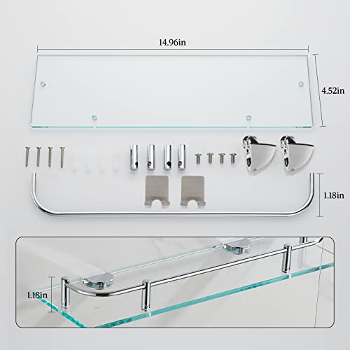 Vasuhome 2 Tier Bathroom Glass Shelves, Tempered Glass Bathroom Wall Organizer With Silver Guardrail, And 2 Metal Hooks - Wall Mounted Rectangular Shelves For Storage And Display #TOP2