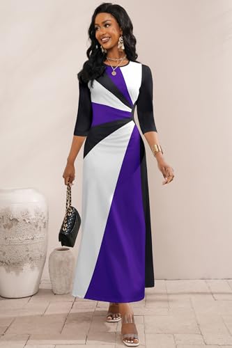 Image of Runwind Maxi Dress for Women with Ruched Waist - Semi-Formal 3 /4 Sleeve Crew Neck Long Dresses for Wedding Guest & Church