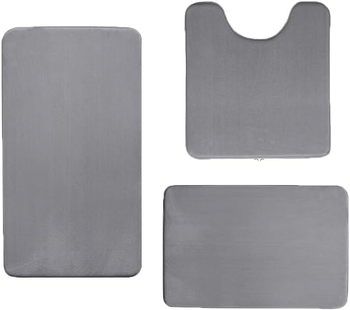 Madeals Memory Foam Bathroom Mat Set 3 Piece Bathroom Contour Rugs Combo, Soft Shaggy 2 Piece Bath Shower Mat and U-Shaped Toilet Floor Rug Grey