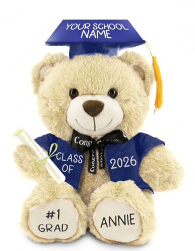 Printualist Personalized Graduation Teddy Bear Gift 2026 for Her Him, College, High School, 12 Inch - Cute Custom Beige Bear with Blue Gown Add Your Name and Year on the Feet