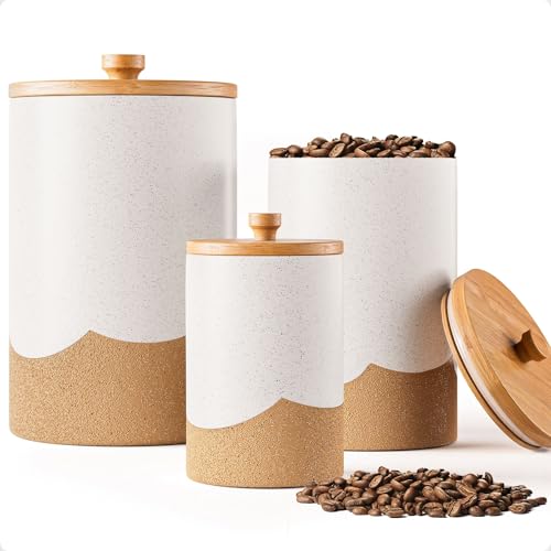 Ceramic Kitchen Canisters for Countertop Set of 3 with Airtight Bamboo Lids - TwoTone Textured Kitchen Canisters with Airtight Lids - Flour Sugar Canister Set - Flour and Sugar Containers - Coffee Jar