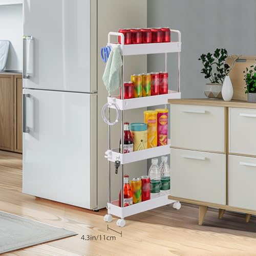 4-Tier Slim Storage Trolley Slide Out Rolling Utility Shelf Rack Storage Cart on Wheels Mobile Shelving Space Organizer for Kitchen/Bathroom/Laundry Room/Office,Plastic & Stainless Steel (White S) - Image 4