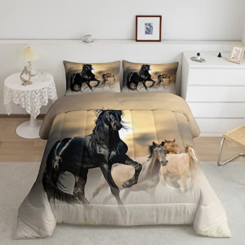 Black Horse Comforter Set Twin 3D Horse Printed Down Comforter, for Adult Women Boys Wild Animal Pattern Quilted Duvet Chic Unique Horse Western Cowboy Farmhouse Theme Soft Breathable Duvet