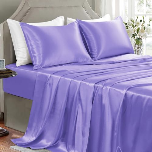 GOLAL Sábanas de satén California king, 4 piezas, sábanas suaves y sedosas, sábanas de seda satinada lavanda, antiarrugas con 1 sábana bajera profunda, 1 sábana encimera, 2 fundas de almohada