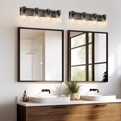 Image of Farmhouse Bathroom Vanity Light Fixtures, Rustic 4-Light Wood Vanity Lights for Bathroom, Vintage Black Wall Sconces Lighting, Light fixtures Over Mirror, with Glass Shade