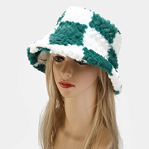 Winter Plaid Bucket Hat Faux Fur Fluffy Plush Fisherman Cap For Women Men Teens Girls Warm Cloche Hats (Green Plaid), One Size #TOP2