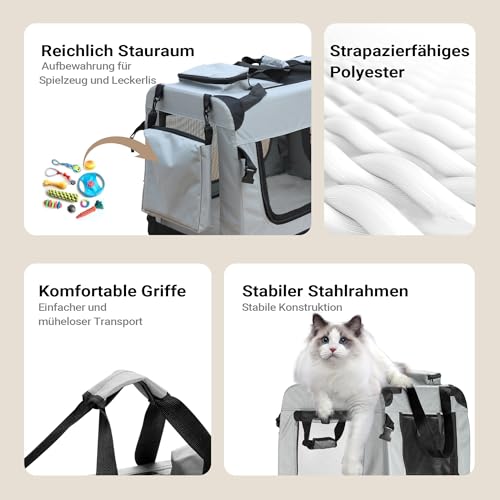 Fudajo Faltbare Transportbox für Hunde, Katzen M (60x42x44cm), robust, leicht, sicher, Hundebox mit Tragegriff und Decke, Grau