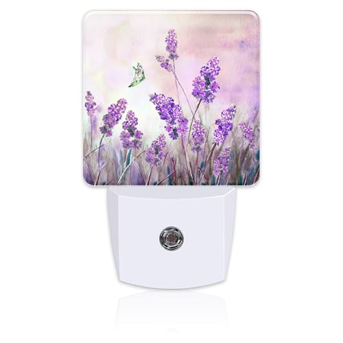 Image of Purple Lavander Flowers Butterfly Night Light Plug into Wall,Watercolor Lavander Floral Dusk to Dawn Night Light,0.5w Energy Saving Sleep Friendly Nightlights for Kids Boys Girls Home