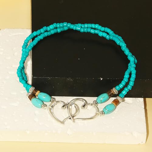 Image of Elastic Beaded Ankle Bracelets for Women Double Heart Layered Stretch Ankle Bracelets Waterproof Dainty Boho Beaded Anklets for Summer Beach Foot Jewelry