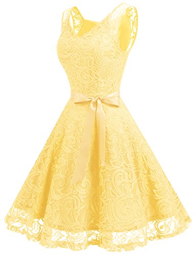 Dressystar 0010 Women Floral Lace Bridesmaid Party Dress Short Prom Dress V Neck Yellow Xxxl #TOP1