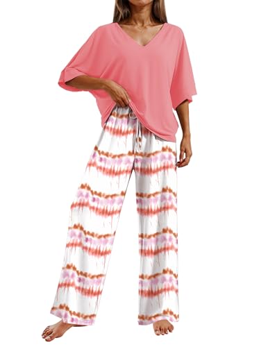 Image of Ekouaer Pajama Sets for Women 2 Piece Lounge Set Short Sleeve Tops and Long Pants Soft Comfy Pjs Sleepwear Outfits S-XXL