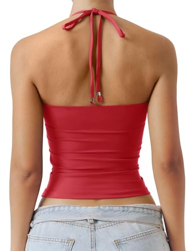 PINKMSTYLE Women's Sexy Halter V Neck Tank Top Cute Double Lined Summer Sleeveless Going Out Tops Concert Outfits Red Small — view 5