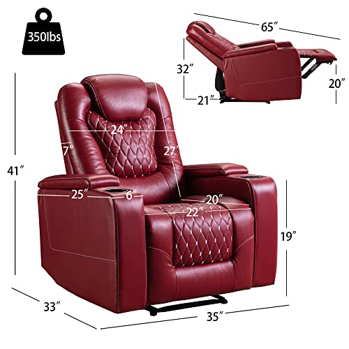 Anj Power Recliner Chair With Usb Ports And Cup Holders - Overstuffed Electric Home Theater Seating Pu Leather Reclining Furniture With Hidden Arm Storage, Easy To Clean (Red) #TOP1