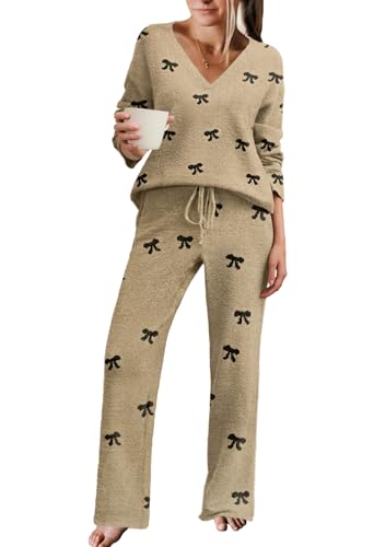 Ekouaer Matching Pajama Set for Women Fuzzy Fleece Lounge Sets