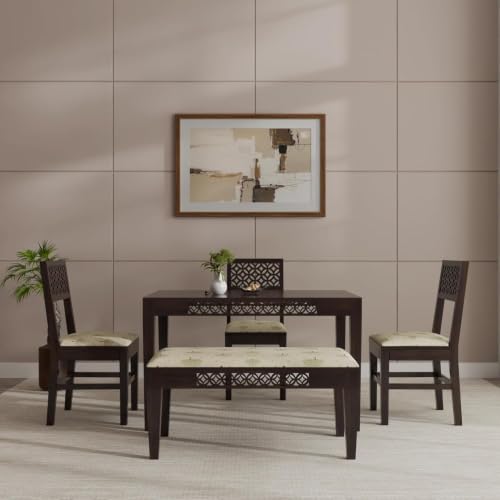 Image of THE WOODEN CITY Solid Sheesham Wood 3 Chair with 1 Bench Dining Table Set with Cushioned Chairs for Dining Room | Living Room | Home & Office - Walnut Finish
