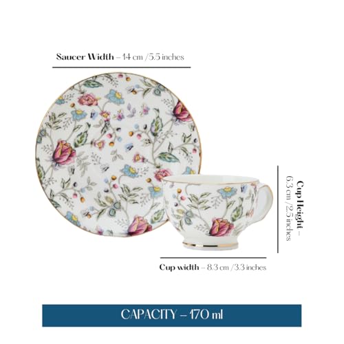 Image of GOLDEN QUEEN'S Cup & Saucer Set | Perfect for Hosting & for Tea /Coffee Lovers | Handcrafted in India, Inspired by Florals & 24-Carat Gold Rim | 6 Cups & 6 Saucers |170 ml - Pink Shrub