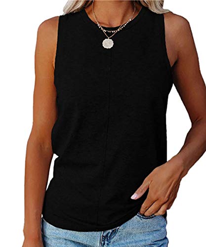 ZIWOCH Womens Tank Tops Crew Neck Sleeveless Solid Color Casual Loose Fit Tee Shirts Black