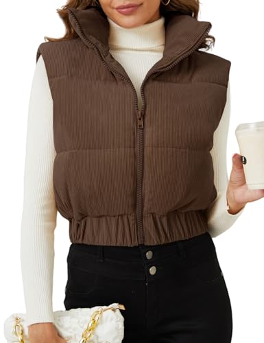 Gihuo Women's Cropped Puffer Vest Corduroy Winter Quilted Sleeveless Jackets Lightweight Stand Collar Padded Gilet2