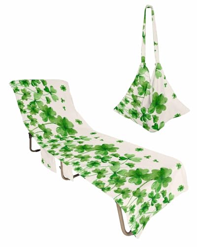 St. Patrick's Day Beach Lounge Chair Towel Cover, Soft Chaise Lounge Towel with Side Pockets Patio Pool Chairs Cover for Beach/Pool Sunbathing 29x85 green Lucky Clover Watercolor