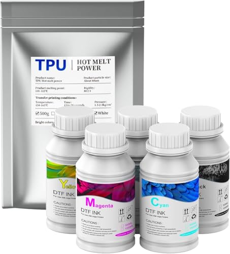Image of EXPLUX Premium DTF Ink 1250ML (5x250ML CMYKW) + 500g DTF Powder,Compatible with L1800, L8058, C13, XP600,High Flow Printer Ink for PET Film