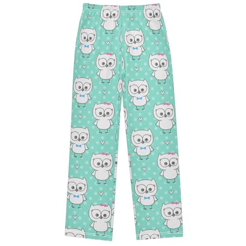 Boy's Pj Pants White Little Owl Bow Green Heart Lounge Bottoms Elastic Waist Kids Joggers with Pockets Size 6-14