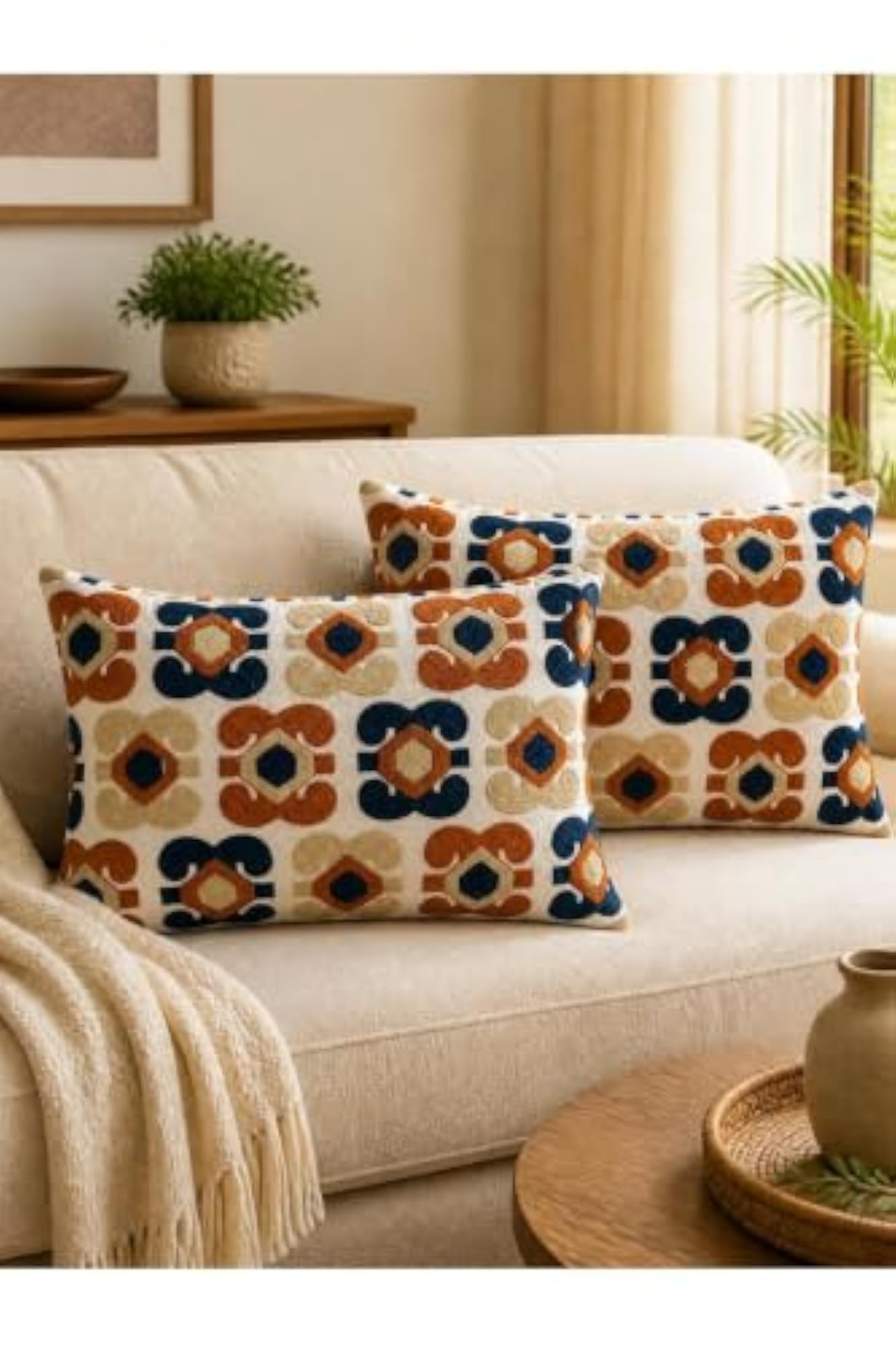 Chenille Tufted Geometric Embroidered Rectangular Lumbar Cushion Covers