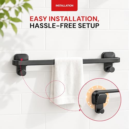 Image of Amazon Basics Suction Towel Holder for Bathroom - Rust - Free Powder Coated Wall Mounted Towel Rack No Drill Towel Rack Modern Bathroom Accessories Organizer Grey