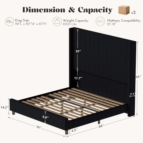 Ihanherry King Size 65" Tall Headboard Bed Frame with Charging Station, Upholstered Wingback Headboard with Washable Corduroy Cover, Noise Free, Solid Wood Slats & Legs, No Box Spring Needed, Black - image 3