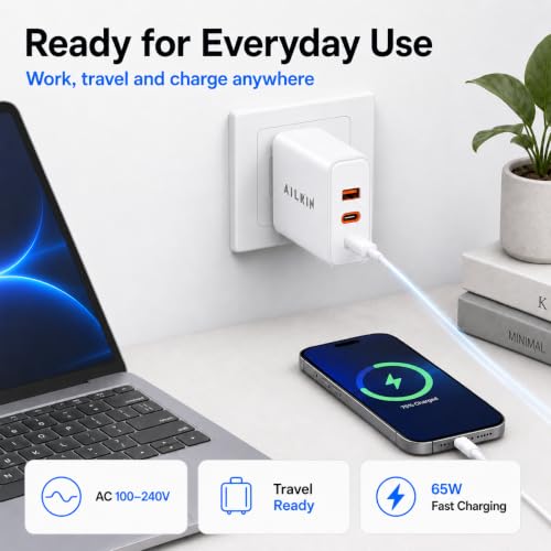 Image of Ailkin 65W GaN Charger | Triple Port High-Speed PD 3.0 & PPS Fast Charging Adapter, 2 x Type C PD Port,1 x USB-A Port | Compatible with iPhone 17 /16 /15, Laptops, Smartphones, Tablets, MacBooks, iPads