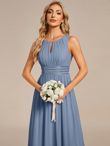 Image of Ever-Pretty Women's Chiffon Sleeveles Summer Formal Wedding Guest Dresses Ruched A Line Hollow Out Crew Neck Bridesmaid Dress