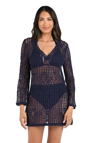 La Blanca Women's Long Sleeve Mini Dress Swimsuit Cover Up, Indigo//Waverly Covers, Small