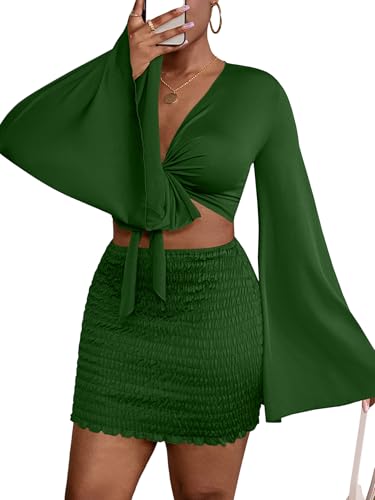 Image of LYANER Women 2 Piece Vacation Outfits Tie Knot Front Bell Long Sleeve Crop Top and Mini Skirt Summer Set