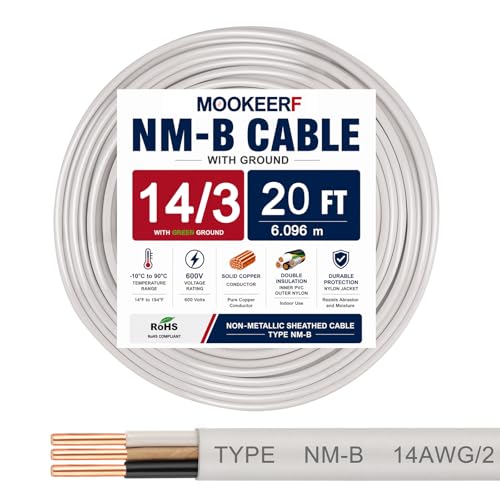 Image of 14 /3 Wire with Ground - 20FT 14 Gauge NM-B Non-Metallic Sheathed Cable 100% Pure Copper 14 AWG 3 Conductor Residential Indoor Wire for Outlets, Switches, Other Loads and Lighting Wiring Projects etc.