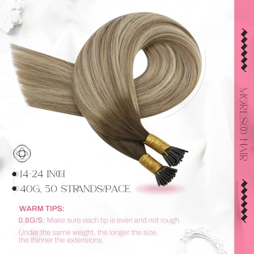 Image of Moresoo Itip Human Hair Extensions Brown Gold Blonde Balayage 14 Inch | 40g 50 strands, lightweight individual placement, i tip hair extensions for fine hair, daily wear and office styling