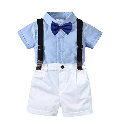 Little Boys Gentleman Outfit Suits,Baby Boys Short Pants Set,Short Sleeve Shirt+Suspender Pants+Bow Tie 4Pcs (Blue, 3-4T/100)