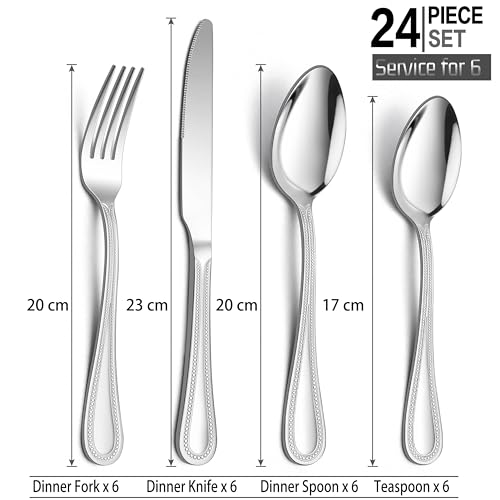 24 Piece Cutlery Set, Homikit Stainless Steel Flatware Silverware Sets Service for 6 People, Pearled Edge Knife Fork Spoon Set for Home/Kitchen/Party, Mirror Finished & Dishwasher Safe - Image 3