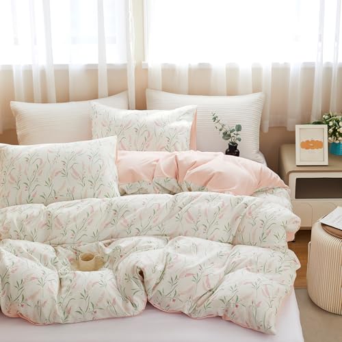Image of BOLINLIVING Pink Floral Duvet Cover Queen Size, Reversible Botanical Spring Duvet Cover Set with 2 Pillowcases, Breathable Soft Microfiber Bedding Set for All Season with Zipper Closure