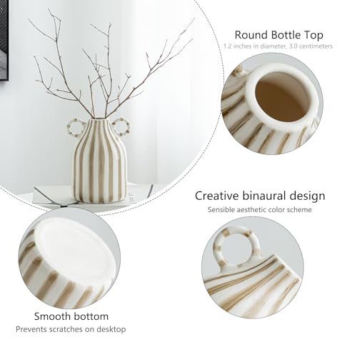 White and Brown Ceramic Vase, Mid Century Modern Striped view 6