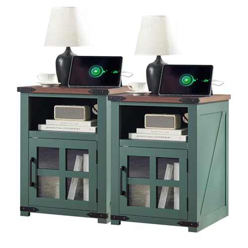 Farmhouse Nightstand with Charging Station, Rustic End Table with Tempered Glass Barn Door, Wood Sofa Side Bedside Table with Open Storage Shelf for Living Room, Bedroom, White 1 Antique Whi