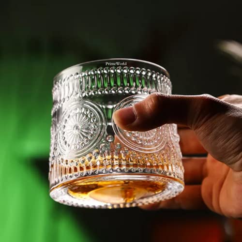 Image of PrimeWorld Embossed Dancing Whiskey Glass Set of 6 Pcs with Rotable Bottom- Spining Glasses-170 ml Bar Glass for Drinking Bourbon, Whisky, Scotch, Cocktails, Cognac- Old Fashioned Tumblers