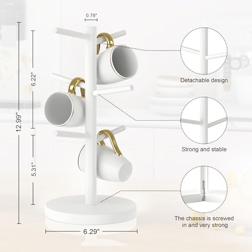 Wisuce White Coffee Mug Tree, Updated Thick Bamboo Mug Holder Base,Coffee Cup Stand Mug Holders with 6 Hooks for Countertop Organizer Stand by Wisuce - Image 4
