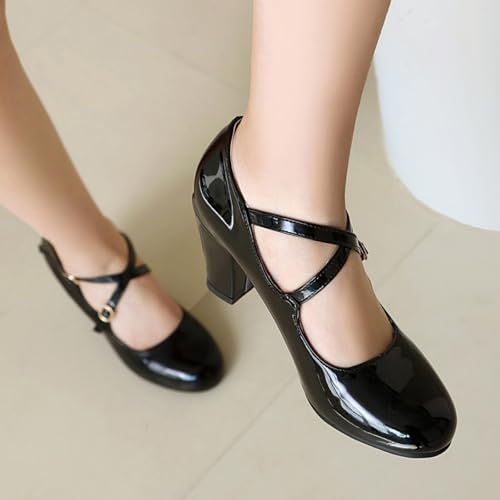 Women's Mary Jane Double Strap Buckle High Heel Pumps Round Toe Closed Patent Leather Chunky Heel Block Pump Casual Comfortable Wedding Party Prom Dress Shoes4