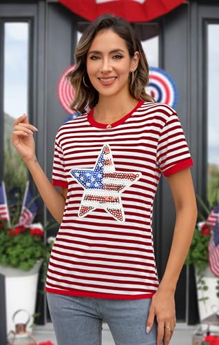Image of Ithalt Women 4th of July Shirt Fourth of July Shirts USA Sequin Tshirt American Patriotic T-Shirt Stripes Tee Tops