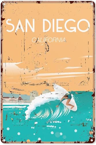 Surf Sign for Room San Diego Surfing Travel Poster Travel Poster Wall Art Beach Bathroom Decor Metal Sign 12x16 inch