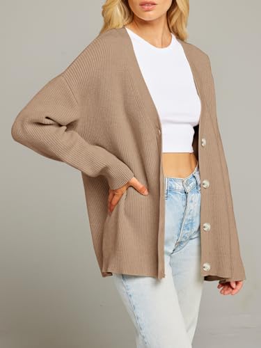 MEROKEETY Womens Casual Fall Long Sleeve Boyfriend Cardigan Loose Fit Cozy Knitted Sweater Jackets, Khaki, M