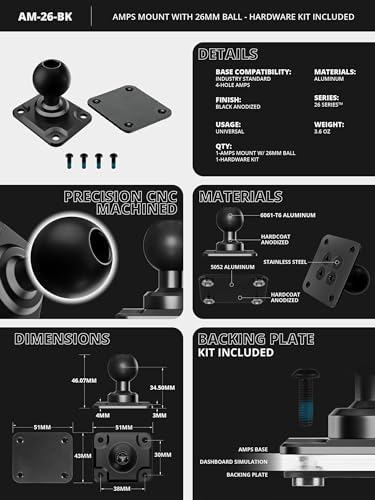 Tackform AMPS Mount - 25.4mm/1”/B-Sized System Compatible | CNC 6061-T6 Aluminum Ball | 4-Hole Drill Base | Mount Direct to Dash, AMPS, or Grid Style Brackets | Includes Hardware Kit | image 5