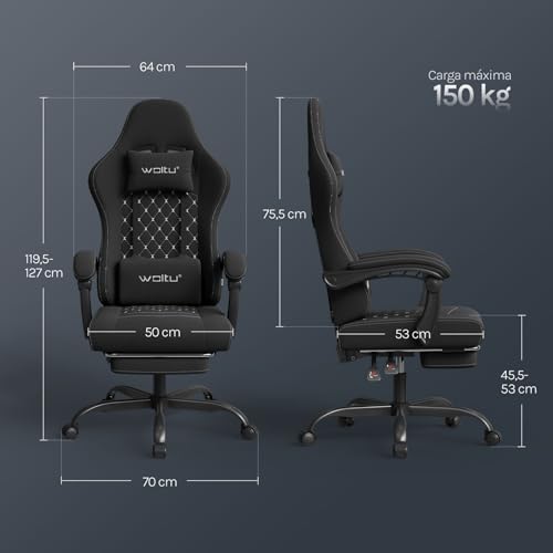 Miniatura 3 de Woltu Silla Gaming Ergonómica, Silla Oficina Con Soporte Lumbar Masaje Y Reposapiés Extraible, Silla Giratoria Con Gran Asiento De Muelle, Capacidad De 150 Kg, Tela De Malla, Negro Blanco