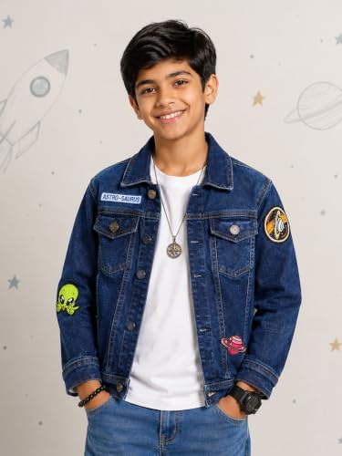 Image of KiddoPanti Boys Denim Jacket | Cotton Poly Blend with Spandex | Washed Denim, Full Sleeve | Button Closure & Front Flap Pockets | Collared Neck