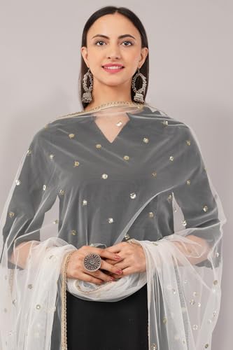 Image of Net Butti Dupatta for Women | Golden Lace Border Chunni | Butti Work Odhani | Wedding & Bridal Styling | Lightweight Drape | Kurti & Salwar Suit